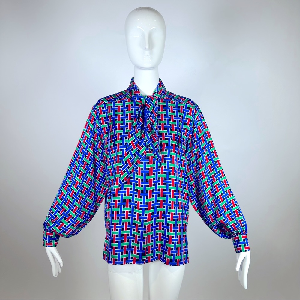 80’s Yves Saint Laurent Blouse Balloon Sleeve Woven Print Tie Neck Blue Green L